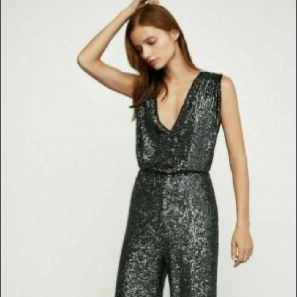 BCBGMaxAzria Sequined Wide-Leg Jumpsuit | Gun Metal Grey | Size Small